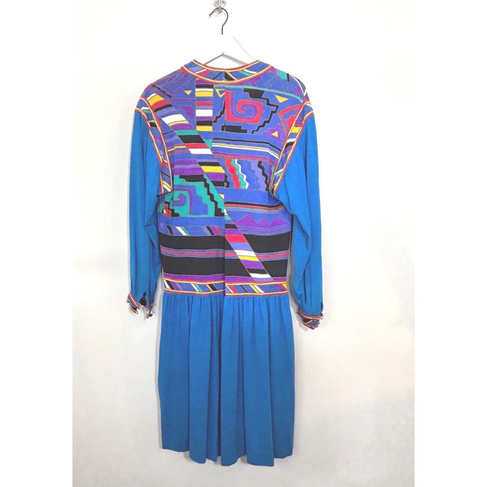 Studio Leonard Paris Vintage Blue Geometric Abstract Print Drop Waist Dress - Picture 5 of 16